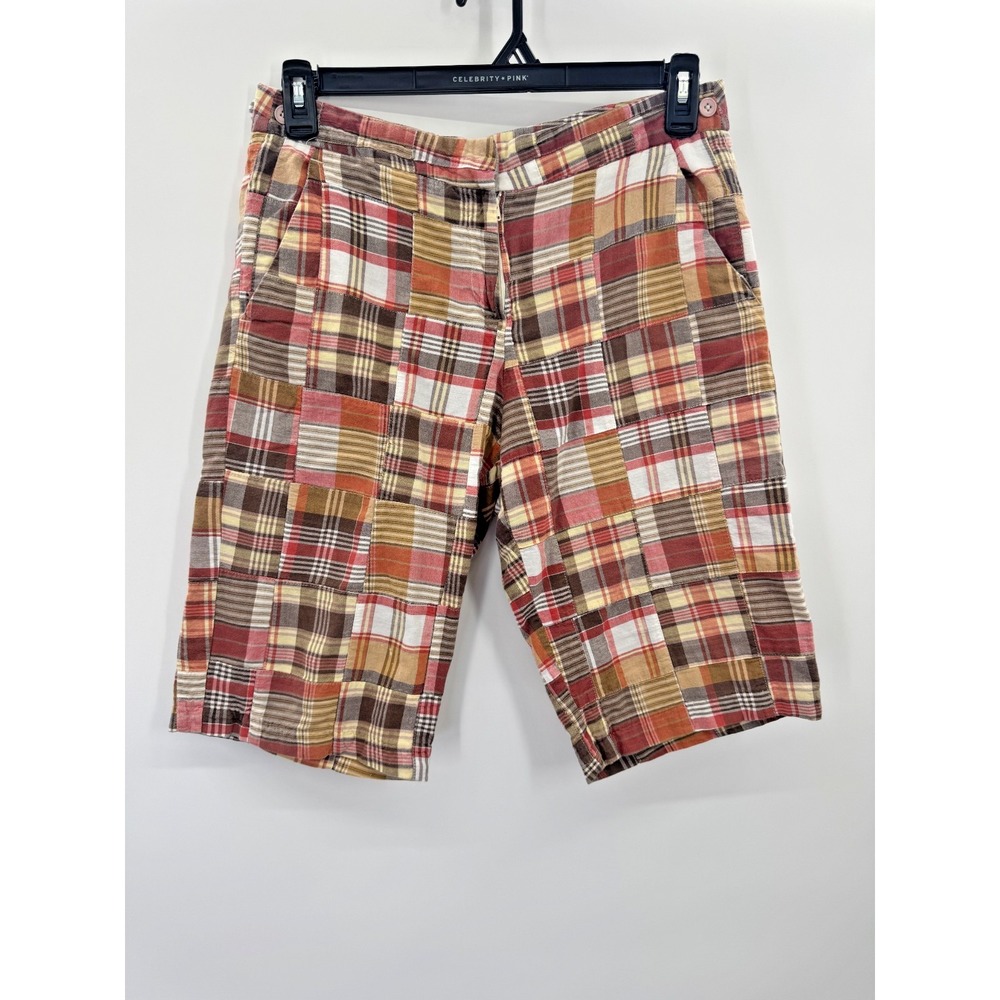 VTG Larry Levine Madras Plaid Patchwork Bermuda Short 8 Mid Earthy Boho Granola